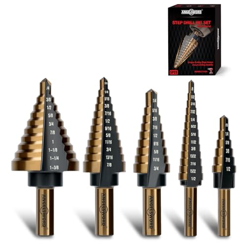 ANGELSWORD Step Drill Bits 50 Sizes 5PCS HSS Titanium Coated Step Drill Bit Set for Plastic Aluminum Copper Sheet Metal with Aluminum Case