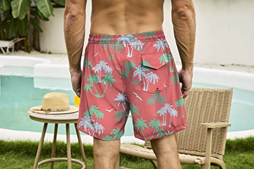 Yiftd Mens Swim Trunks With Compression Liner 5 Inch Inseam Quick Dry Pink Palm Tree Swimwear Bathing Suit Swim Board Shorts With 4 Pockets #TOP3