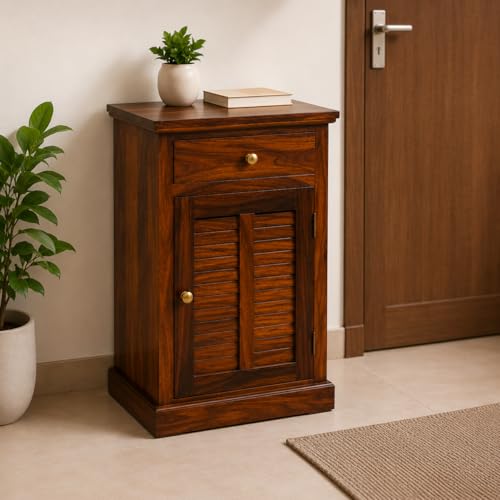 Image of Solid Sheesham Wood Shoe Rack with Door & Drawer Storage Cabinet | Wooden Shoe Stand Organizer for Entryway Bedroom Living Room | Multi Tier Footwear Storage Unit Brown Finish