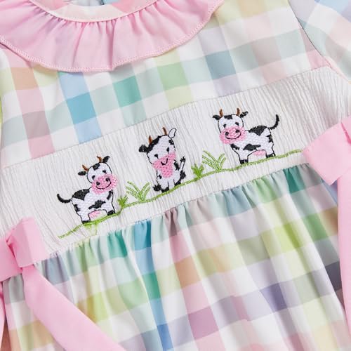 Fall Clothes Infant Baby Girl Long Sleeve Romper Bodysuit Collared Plaid Cow Embroidery Farm Outfit4