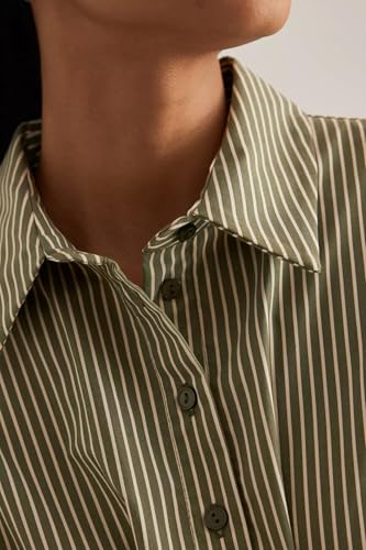 Image of Women's Striped Button Front Pleated Maxi Shirts Dress Short Sleeve Collar V Neck Summer Casual Corset Long Dress
