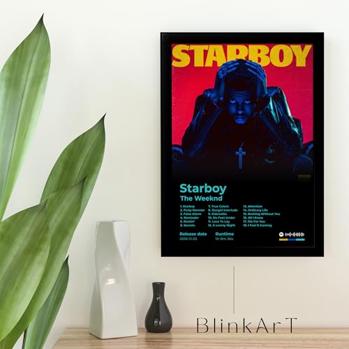 Image of BLINKART The Weekend - Star Boy Wall Photo Frames | Wall Art for Bedroom, Living Room, Studio or Office | Album Cover Print with Spotify Song Link QR Code | Gift for Fans and Music Lovers - 8x12 In