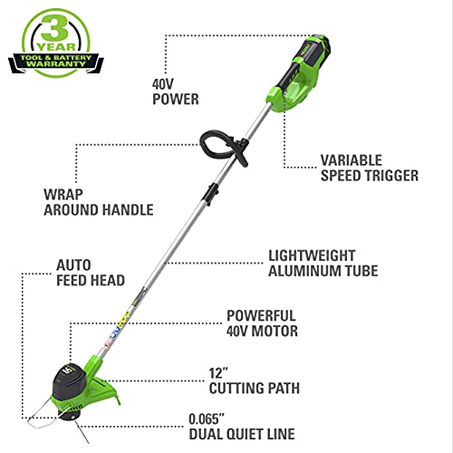 Image of Greenworks 40V 12 Inch Cordless String Trimmer with 2Ah Battery & Charger, Dual Auto Feed Line, Variable Speed, Lightweight Weed Eater, 3 Year Warranty