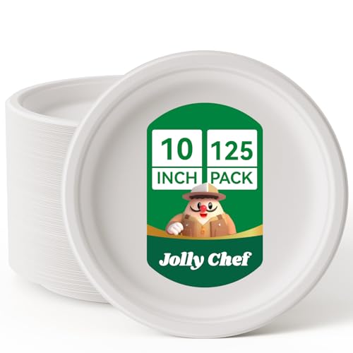JOLLY CHEF Compostable Heavy Duty Plates   [ ] Eco-Friendly Disposable White Paper Plates Made of Bagasse Biodegradable Bulk for Party Dinner Sugarcane Fibers Round 125 Count