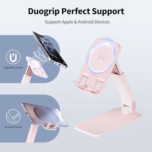 Image of iWALK Magnetic Cell Phone Stand for Desk, Angle and Height Adjustable Mobile Phone Holder, Foldable Magnet Stand for iPhone 17 16 15 14 13 12 Pro Max and iPad, Cell Phone Holder for Samsung, Pink
