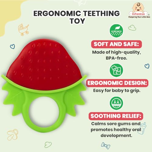 Image of Infantso Non-Toxic Food-Grade Soft Silicone Baby Teether, BPA-Free for Pain-Relief Easy Teething, Teether for 2+ Months Babies (Strawberry)