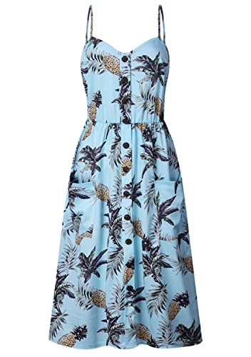 Image of YMING Womens Summer Spaghetti Strap Dresses Button Down Floral Sundress High Waist Swing Midi Dress with Pockets