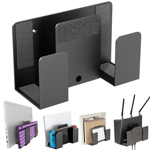 sciuU Soporte de Pared para Portátil Tableta Teclado - Diseño de 2 Capas - Versátil Universal Estantería de Metal para 2 Dispositivos con Grosor  4 cm, para TV Box Router E-Reader - Negro