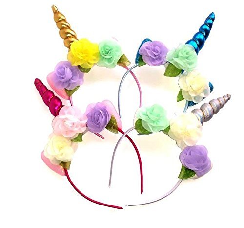AaliMarie Unicorn Headband with Multi Color Flowers -For Birthday party favors and Costume parties, Fits Girls and Women. (Pink Horn)