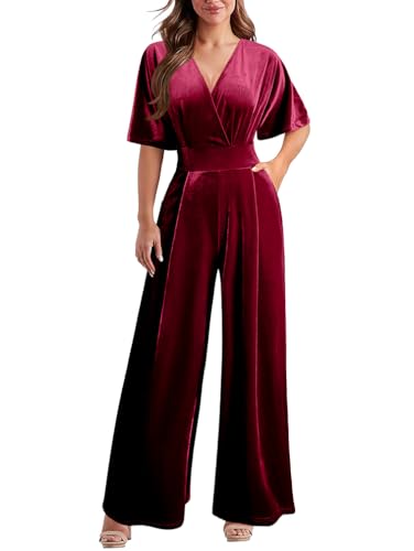 DAAWENXI Womens Casual Velvet V Neck Short Sleeve Jumpsuits Long Wide Pants One Piece Romper with Pocket Winered