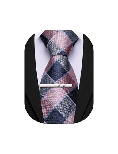 Image of Barry.Wang Plaid Ties Mens Silk Necktie and Tie Clip Checkered Tie for Wedding Party Business Formal