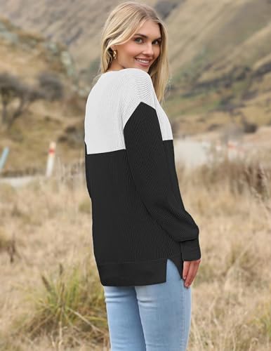 Image of Zeagoo Women 2026 Fall Lightweight Oversized Sweater Crew Neck Long Sleeve Color Block Pullover Rib Knit Blouse Tops XS-2XL