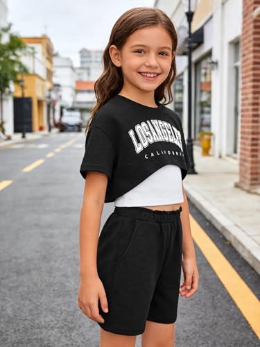 Image of Girls Summer Outfits 3 Piece Graphic Short Sleeve Crop Top Cami and Shorts Set Black 11-12Y