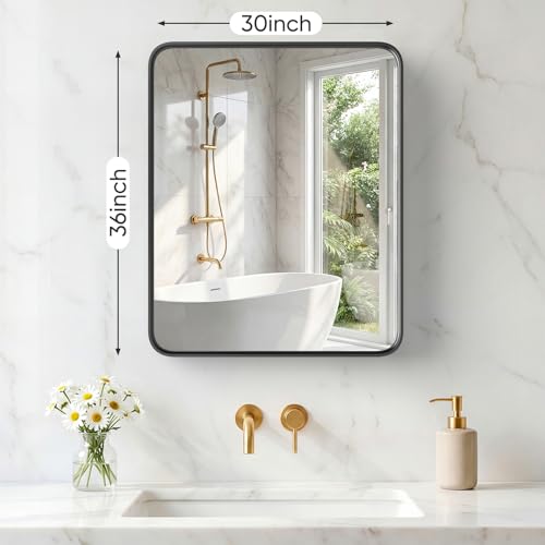 Image of Sweetcrispy Bathroom Mirror 36x30 Inch Metal Framed Rounded Rectangle Vanity Mirror for Wall, Over Sink, Farmhouse, Restroom, Anti-Rust, Modern Decorative, Horizontal or Vertical Hanging, Black