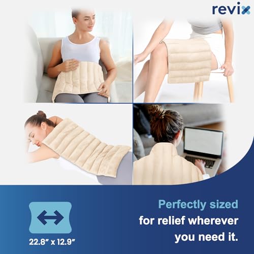 Image of REVIX Extra Large Microwavable Heating Pad for Back Comfort, Weighted Moist Heat Wrap with Flaxseed and Clay Beads, Reusable Hot and Cold Care for Neck, Shoulders, and Muscles, Beige