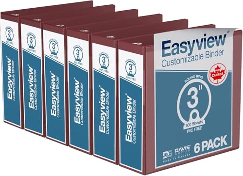 Image of Easyview 3-Ring Binder, Clear-View Cover, 3 inch Round Rings, Burgundy, 6 Pack | Heavy-duty binder, fits 8.5 inch x 11 inch paper, customizable cover, made in Canada, ideal for school or office use