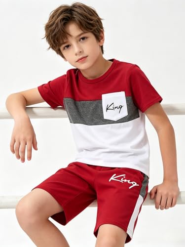 Image of Size 6-12 Years Boys Summer Outfits Set Kids Short Sleeve Top T-Shirt & Shorts Color Block Clothing Sets