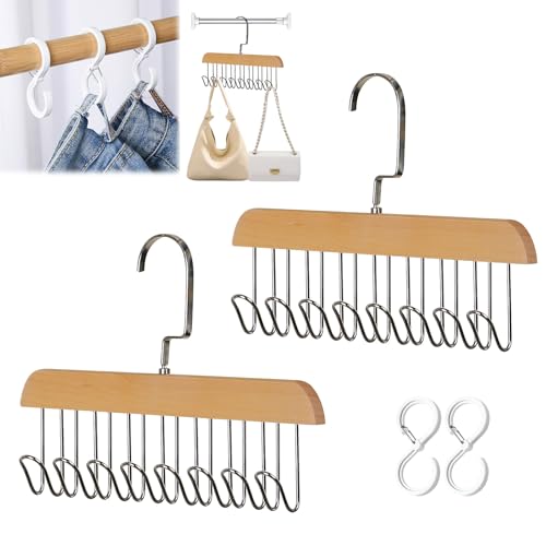 SPOKKI 2 Pièces Cintres en Bois pour Ceinture,Porte-Cravates avec 8 Crochets,Porte-Ceinture,Crochet pour Cintre,pour Ceintures,Cravates,Écharpes,Colliers,Colliers