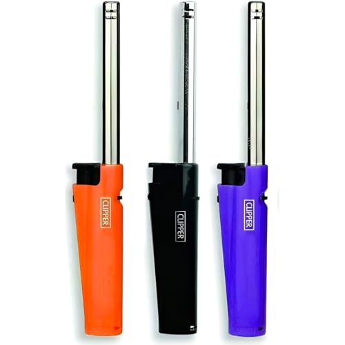 ANGIX 3 x Clipper Tube Lighters Long Refillable Gas Lighters for Kitchen, BBQ, Camping & More, Safety Lock, Adjustable Flame - Perfect for Grills, Stoves, Candles (Random Color Sent)