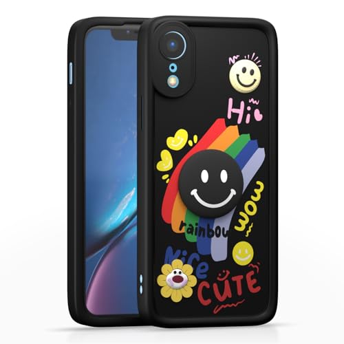 Image of Pikkme Back Cover for iPhone XR | Soft Silicone| Cute Rainbow Smile & 3D Cartoon Flower Design | Shockproof Raised Camera Protection Bumper Case (Black)