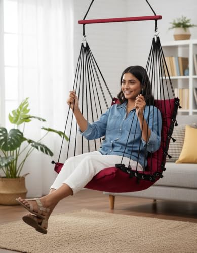 Image of Patiofy Swing for Balcony /Jhula for Adults for Home /Swing for Home /Wooden Swing Indoor /Hammock Swing Chair /Suitable for Indoor & Outdoor / 120Kgs Weight Bearing Capacity (Burgundy)