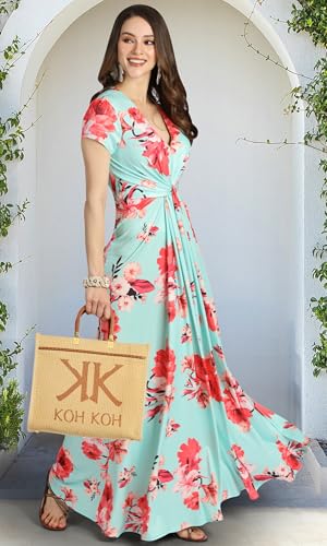 Image of KOH KOH Womens Long Flowy Cap Sleeve Empire Waist Cocktail Maxi Dress Gown
