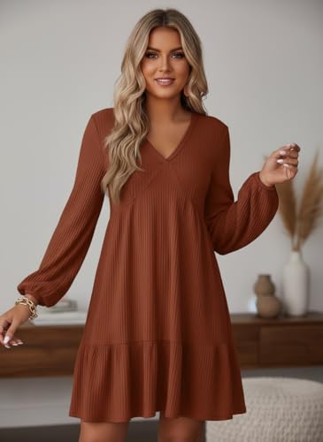 Image of Dokotoo Womens Dresses Long Sleeve V Neck Lightweight Ribbed Knit Empire Waist Casual A Line Swing Mini Dress