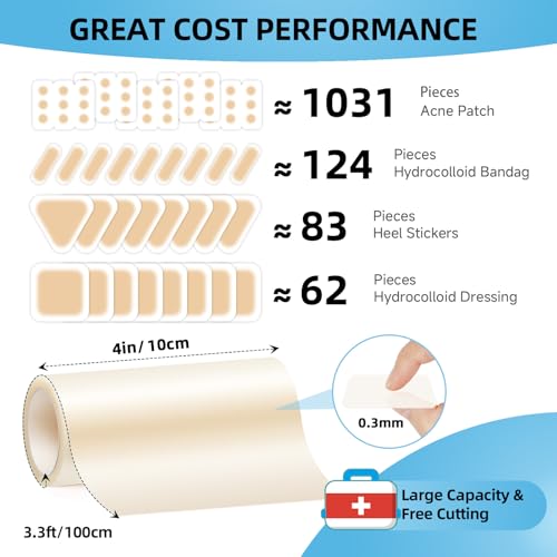 Image of Hydrocolloid Roll Bandages, 4IN x 3.3FT Extra Large Hydrocolloid Patch with Self-Adhesive, Ultra Absorbent, Cut-to-Size, Flexible & Waterproof for Burn, Blister, Acne Care
