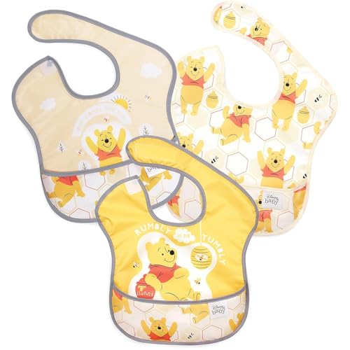 Image of Bumkins Disney Bibs for Girl or Boy, SuperBib Baby and Toddler for 6-24 Months, Essential Must Have for Eating, Feeding, Baby Led Weaning, Mess Saving Waterproof Soft Fabric, 3-pk Winnie the Pooh