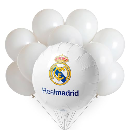 OH YEAH - Decoración Cumpleaños Real Madrid LICENCIA OFICIAL - Globo Foil Escudo Ø 45 cm + 10 Globos Látex Blanco - Fiestas Infantiles - Ambiente Futbolero - Comuniones y Eventos Temáticos