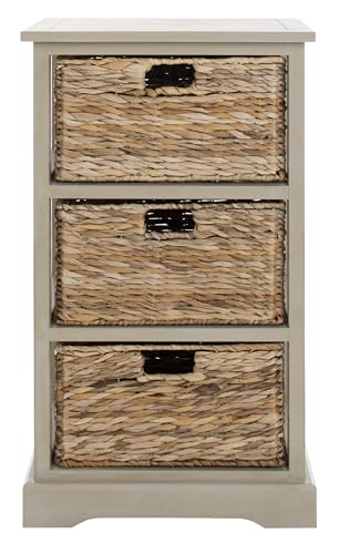 SAFAVIEH Home Collection Halle Vintage Grey Side Table with 3-Drawer Wicker Basket, Fully Assembled