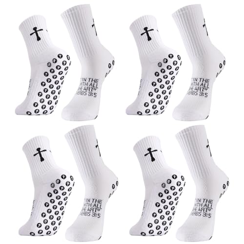 4 Pairs Cross Grip Soccer Socks Anti Slip Christian Socks with Bible Verse Jesus Sock for Football Tennis Yoga Gym