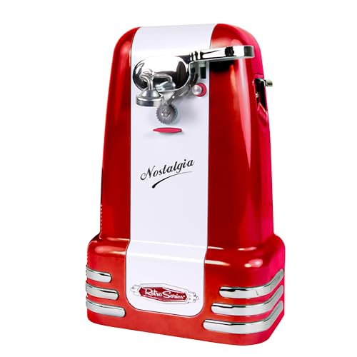 Image of Nostalgia Retro Electric Can Opener for Kitchen with Magnetic Lid Remover, Knife Sharpener, and Soda or Beer Bottle Opener, Red