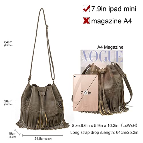 Gladdon Leather Bucket Bags For Women Crossbody Fringe Purses With Drawstring Ladies Tassel Hobo And Shoulder Handbags Grey thumb #2