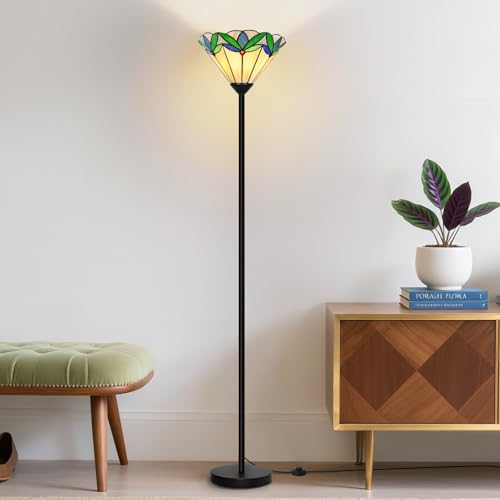 Stained Glass Floor Lamp with Tree Leaf Pattern Vintage Style Torchiere Floor Lamp Tall Corner Pole Lamp with Foot Switch Antique Decorative Standing Reading Light for Living Room Bedroom(E26 Base)