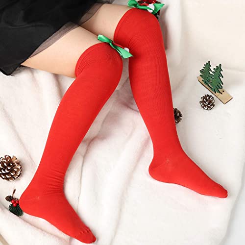 Image of Christmas Party Over Knee Socks Thigh High Stockings Leg Bow Hairball Thigh High Long Stockings for Women and Girls