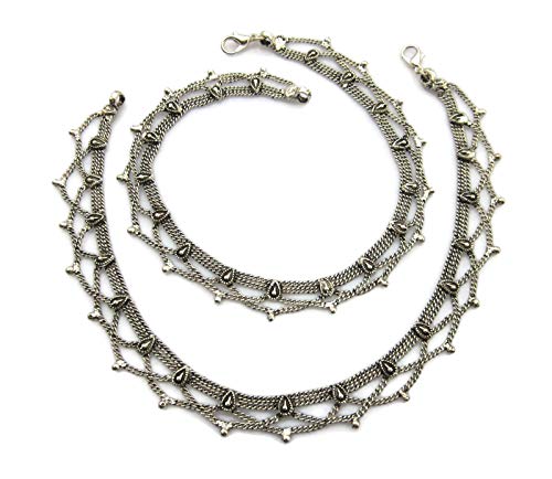 Handmade Womens Boho Anklets Pair | Silver Plated Brass Copper Metal Chain Vintage Antique Oxidized Finish | Inidan Payal Feet Ankle Bracelet Fashion Jewelry | Traditional Bollywood Festival Gypsy Hippie Goth Rave Style #TOP4