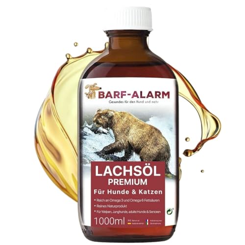 1 Liter Premium Lachsöl für Hunde mit Omega 3 und Omega 6 Fettsäuren – Fischöl für den Hund & Katze – Barf Lachs für Welpen Adulte Senioren, Katzen & Sporthunde