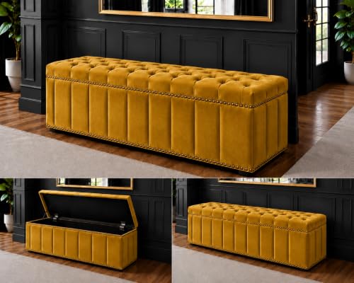 Image of Tufted Velvet Storage Ottoman Bench with Nailhead Trim (Mustard) | Storage Ottoman bench