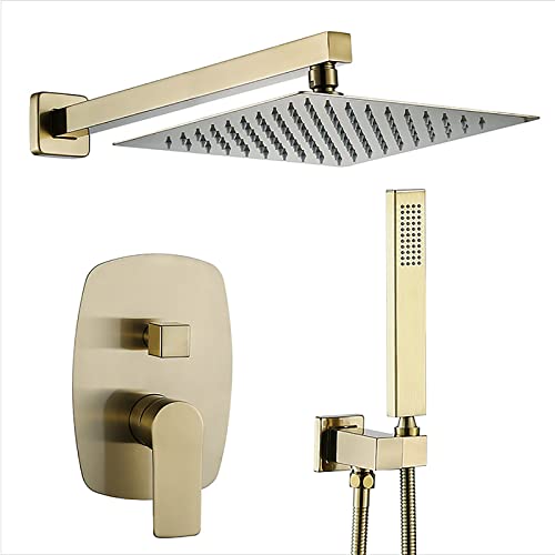 Sistema de ducha, juego grifo montado en la pared Cabezal lluvia 10' con combinado rociador mano Juego mezclador dorado cepillado soporte for, manguera