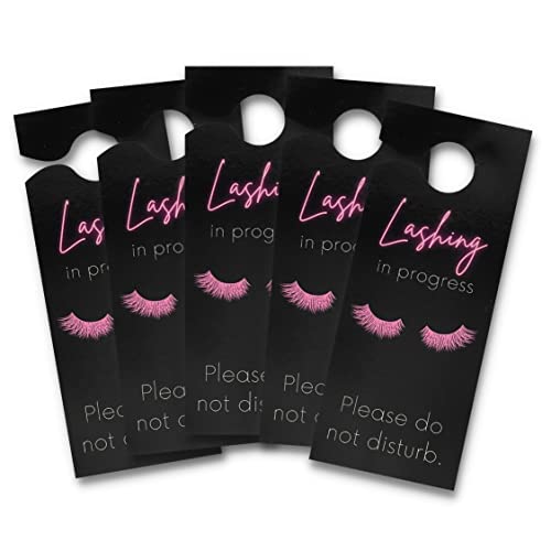 Lashing In Session Door Handle Hang Sign | 5 Pack | 3.5 X 8.5" Inches Large Door Hang Tag Size | Eyelash Extension Supplies | Lash Extension Business Supplies | Black Tag Design #TOP4