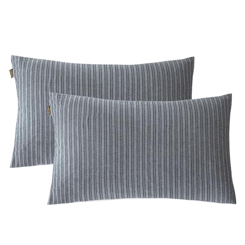 SOULFUL Taie Oreiller 50x70 Coton Rayures - Design Réversible - Jacquard Rayures et Blanc - Certifié Oeko-TEX, Lot de 2 Housse de Coussin en Coton Respirable...