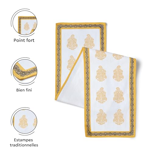 Image of Encasa XO Dining Table Runner for 4 to 6 Seater | Yellow-01 Block Printed Cotton Canvas | 32x150 cm | Jaipur Sanganeri Hand Print