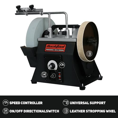 BUCKTOOL 10-Inch Variable Speed Wet Sharpening System, 1.2-Amp Two-Direction Water Cooled Wet Stone Grinder 90-160RPM, Wet Bench Grinder for Knife, Chisel, Knife, Axe, SCM8103