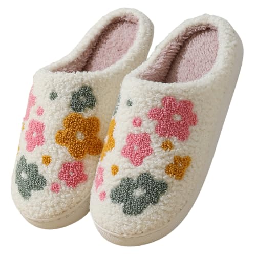 FAYUEKEY Women’s Slippers Retro Cartoon Bow Colorful Flower Series Cute Memory Foam House Slipper For Woman Plush Warm Shoes