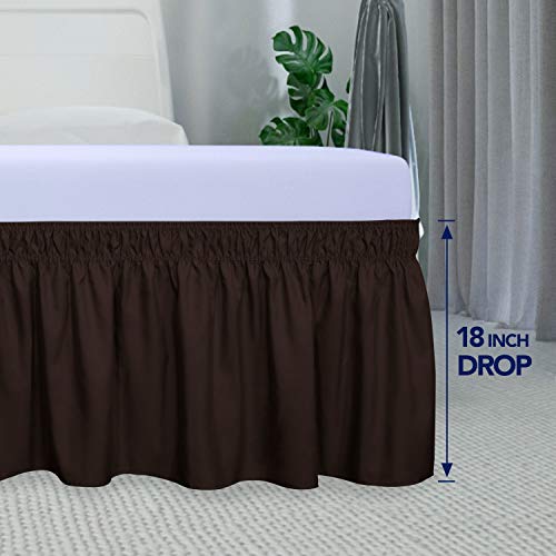 PureFit Wrap Around Ruffled Bed Skirt with Adjustable Elastic Belt - 18 Inch Drop Easy to Put On, Wrinkle Free Bedskirt Dust Ruffles, Bed Frame Cover for Twin,Twin XL and Full Size Beds, Chocolate