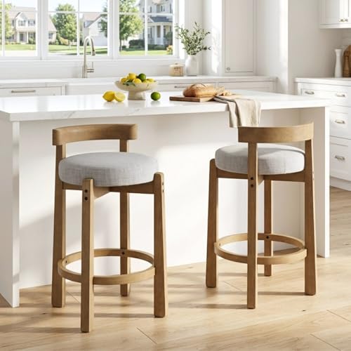 Image of CIMOTA 26.5 inch Counter Height Bar Stools Set of 6, Mid Century Modern Low Back Bar Chairs with Solid Wood Legs & Linen Upholstered Seat, Kitchen Island Stools, Light Grey