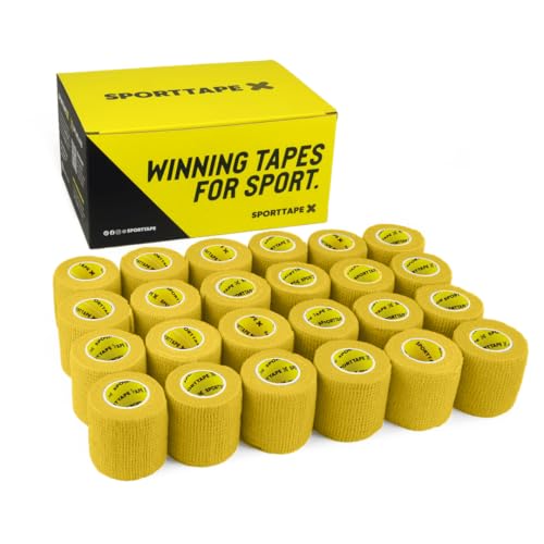SPORTTAPE 24 Rolls Football Sock Tape, 5cm x 4.5m, Yellow - Self-Adhesive Cohesive Bandage, Compression Wrap & Sports Stretch Tape for Ankles, Joints, Socks, Vet and Pet Wrap for Dogs and Horses