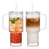 SoulTimes 26oz Water Ripple Glass Tumbler with Handle & Lid, Reusable Iced Coffee Cups with Straws – Set of 2, Glass Cups for Smoothies, Juice, Coffee, Tea – Travel Mugs for Daily Use