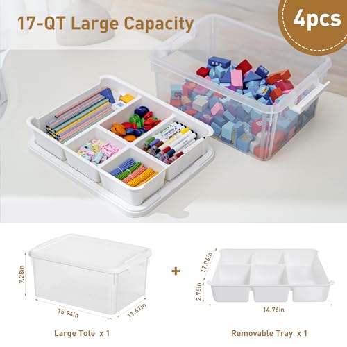 Image of Citylife 17 QT Storage Bins with Building Baseplate Lid and Removable Tray Large Plastic Storage Bins Lego Organizers and Storage Bead, Tool, Sewing, 4 Packs